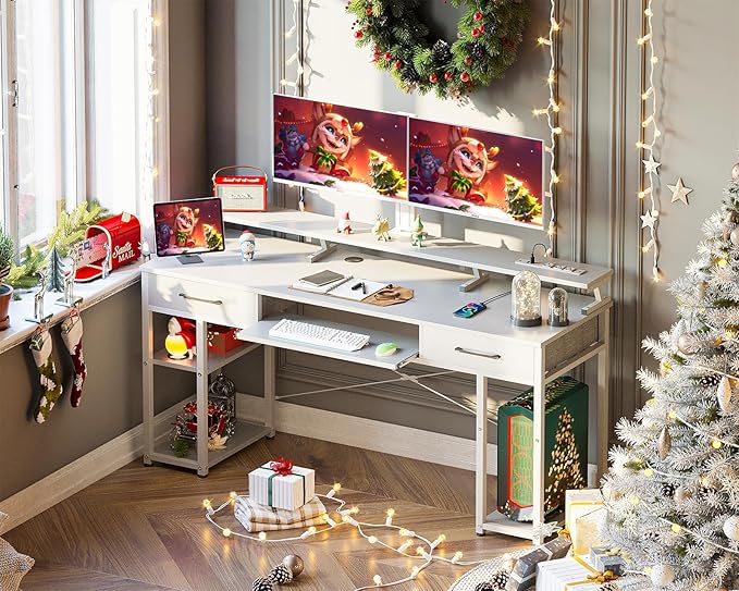 ODK Computer Desk with Drawers & Power Outlet, 63 Inch Office Desk with Keyboard Tray & Storage Shelves & PC Stand, Large Office Table Work Desk with Monitor Stand, White - LeafyLoom