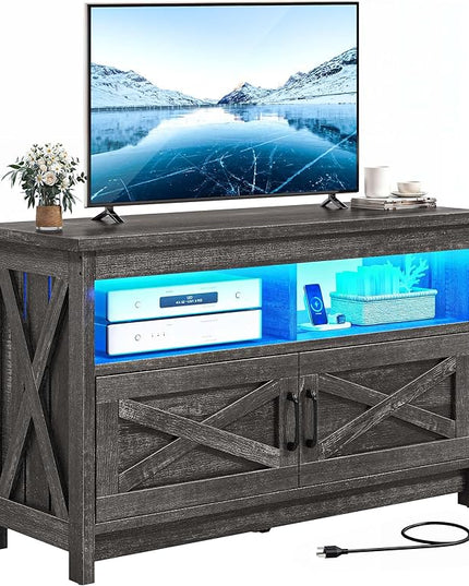 YITAHOME Media Console with LED Light and Power Outlet, Farmhouse TV Stand for up to 40 Inch TV, Rustic Entertainment Center Table TV Cabinet for Living Room, Dark Grey, 35'' Wide - LeafyLoom