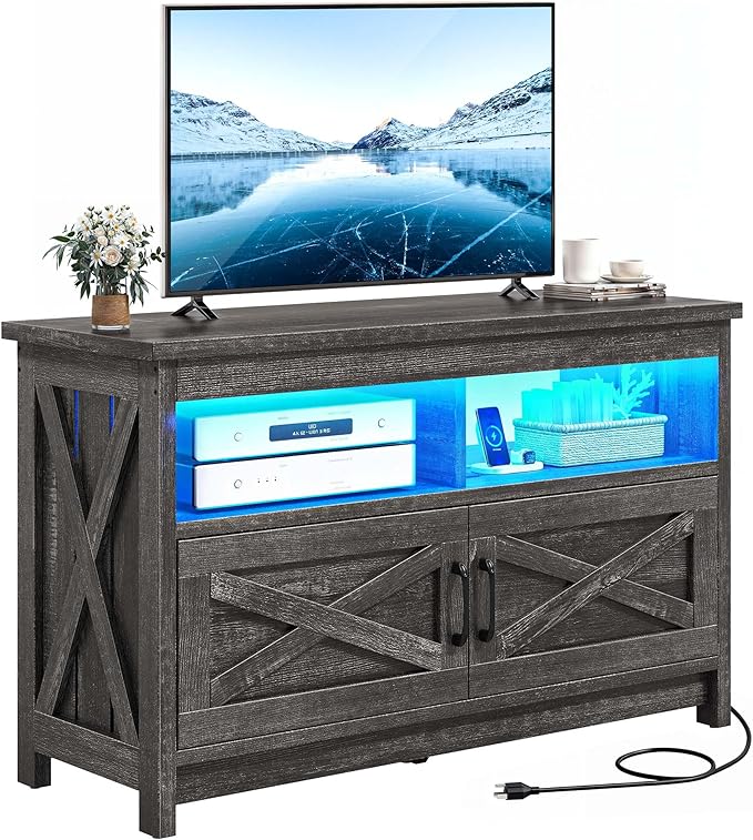 YITAHOME Media Console with LED Light and Power Outlet, Farmhouse TV Stand for up to 40 Inch TV, Rustic Entertainment Center Table TV Cabinet for Living Room, Dark Grey, 35'' Wide - LeafyLoom