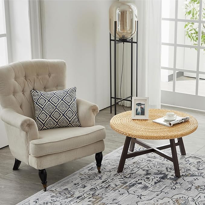 Coffee Table Round, Seagrass Coffee Tables,Pine Wood X Base Frame Cocktail Table, Easy Assembled, Multiple Sizes for Living Room, Solid Wood Table,32 x 17 Inches,Natural - LeafyLoom
