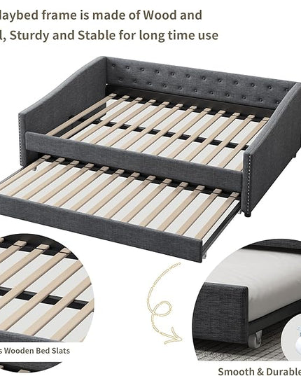 Full Daybed Frame with Trundle,Upholstered Sofa Bed W/Button & Nailhead Tufted Design,Wood Slats Support,Saving Space,Linen Fabric Bedframe for Living Room Bedroom Apartment,Dark Gray - LeafyLoom