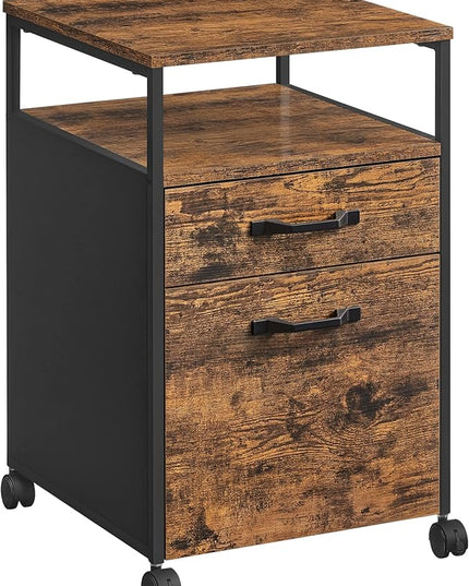 VASAGLE File Cabinet, Mobile Filing Cabinet with Wheels, 2 Drawers, Open Shelf, for A4, Letter Size, Hanging File Folders, Rustic Brown and Ink Black UOFC71X - LeafyLoom