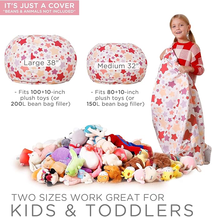 Aubliss Stuffed Animal Bean Bag Storage Chair, Beanbag Covers Only for Organizing Plush Toys, Turns into Bean Bag Seat for Kids When Filled, Medium 32"-Canvas Pattern Sparkling Star - LeafyLoom