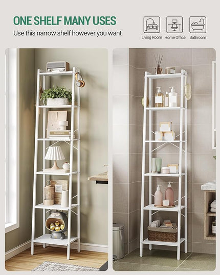 Ladder Shelf, Bookshelf Bookcase, Freestanding Corner Storage Shelve with 2 Hooks for Home Office, Living Room, Kitchen, Bedroom, Industrial, 6-Tier White BC13313W - LeafyLoom