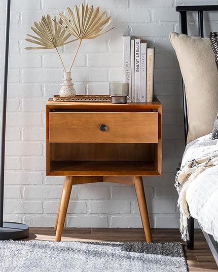 Walker Edison Mid Century Modern Wood Nightstand Side Table Bedroom Storage Drawer and Shelf Bedside End Table, 1 Drawer, Caramel - LeafyLoom