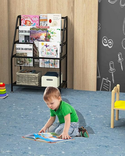 Kids Bookshelf Freestanding for Children Room 18 Inches Black Metal Bookcase Large Capacity Books Toys Organizer Stable 5 Tiers Kids Book Rack for Playroom Bookstore Library. - LeafyLoom