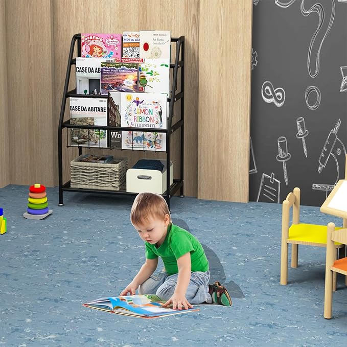 Kids Bookshelf Freestanding for Children Room 18 Inches Black Metal Bookcase Large Capacity Books Toys Organizer Stable 5 Tiers Kids Book Rack for Playroom Bookstore Library. - LeafyLoom