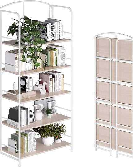 No Assembly Folding Bookshelf, Metal Book Shelf for Storage, Folding Bookcase for Office Organization and Storage (White, 5 Tiers) - LeafyLoom
