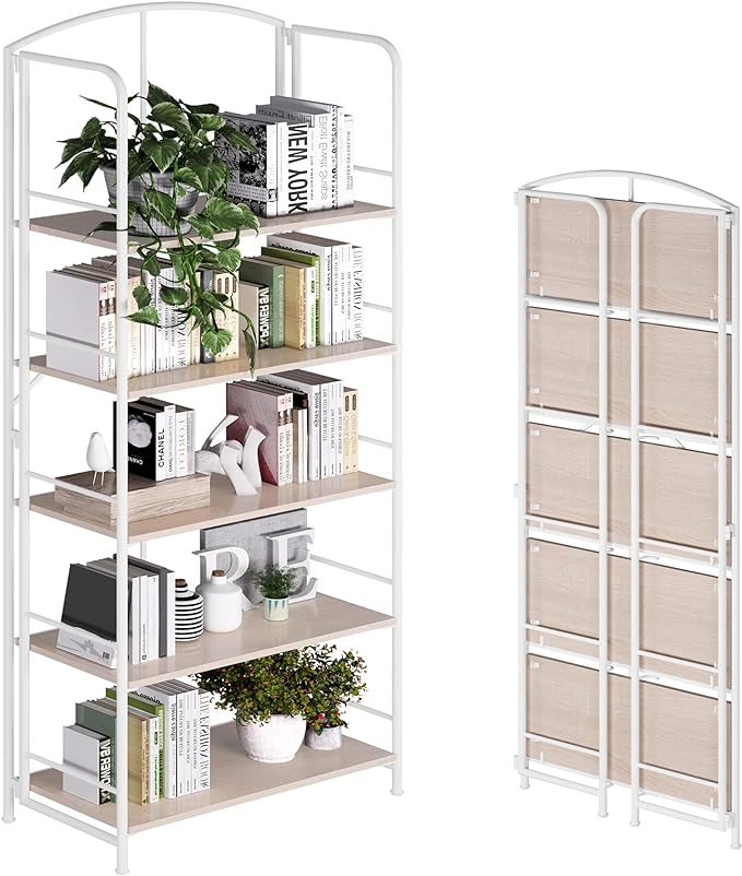 No Assembly Folding Bookshelf, Metal Book Shelf for Storage, Folding Bookcase for Office Organization and Storage (White, 5 Tiers) - LeafyLoom