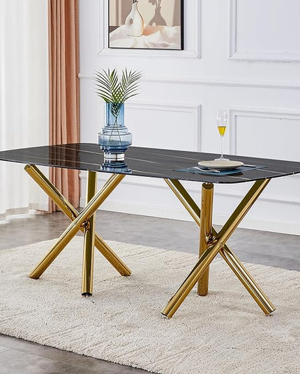 NicBex Large Modern Minimalist Rectangular Dining Table with 0.39 "Imitation Marble Black Desktop and Gold Metal Legs for Kitchen Dining Living Meeting Room Banquet Halls, Black - LeafyLoom