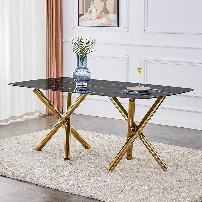 NicBex Large Modern Minimalist Rectangular Dining Table with 0.39 "Imitation Marble Black Desktop and Gold Metal Legs for Kitchen Dining Living Meeting Room Banquet Halls, Black - LeafyLoom
