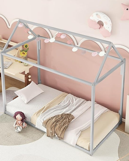 Metal Twin Size Montessori Floor Bed for Kids,Floor Bed Twin,House Bed with Slats for Boys Girls,Metal House Shape Platform Bed,No Spring Box Required,Silver - LeafyLoom