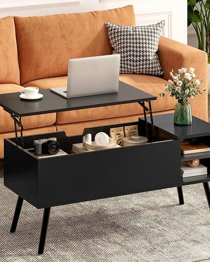 Lift Top Coffee Table with Storage, Black Wood Coffee Table with Lifting Top, Hidden Compartment and Open Shelves, Mid-Century Modern Coffee Table for Living Room, Small Space - LeafyLoom