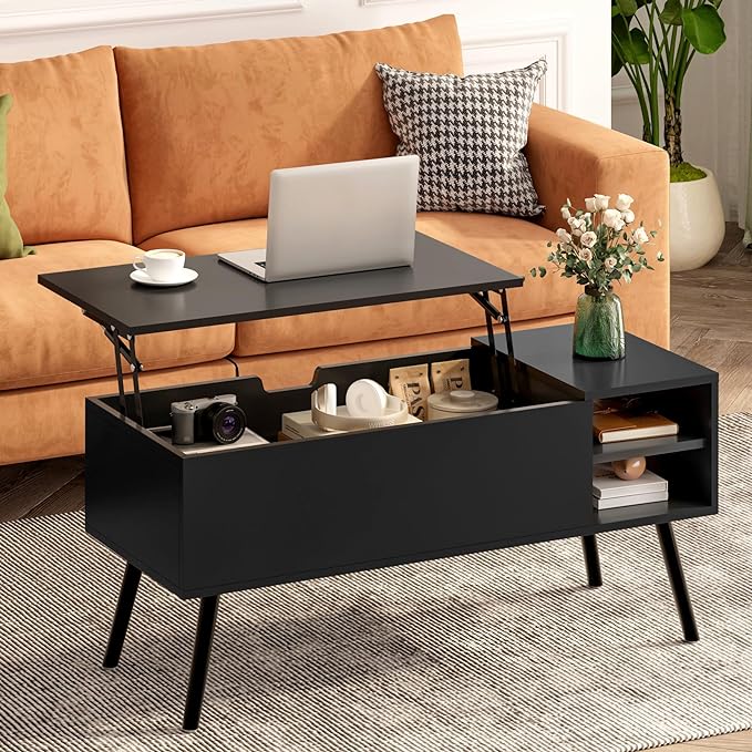 Lift Top Coffee Table with Storage, Black Wood Coffee Table with Lifting Top, Hidden Compartment and Open Shelves, Mid-Century Modern Coffee Table for Living Room, Small Space - LeafyLoom