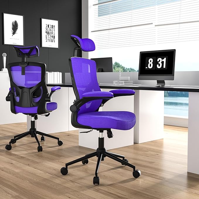 𝑯𝑶𝑴𝑬 𝑶𝑭𝑭𝑰𝑪𝑬 𝑪𝑯𝑨𝑰𝑹, Ergonomic Mesh Desk Chair, High Back Computer Chair- Adjustable Headrest with Flip-Up Arms, Lumbar Support, Swivel Executive Task Chair (Modern, Blue Violet) - LeafyLoom