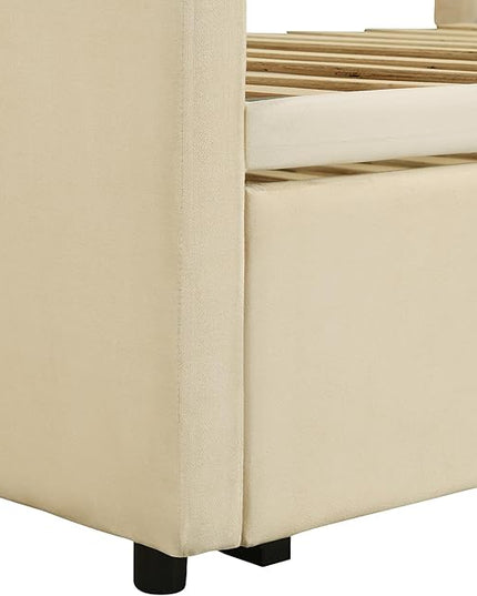 Bellemave Twin Size Upholstered Daybed with Pop up Trundle,Velvet Twin Daybed Frame,Twin to King Daybed,Day bed with Trundle Bed Twin,Tufted Sofa Bed Daybed,Bedroom,Living Room,Guest Room(Beige) - LeafyLoom