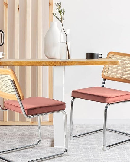 Dining Chair Set of 2, Mid-Century Modern Rattan Dining Chairs with Metal Chrome Legs, Natural Cane Backrest Upholstered for Home Kitchen，Dining Room and Patio, Pink - LeafyLoom