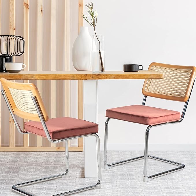 Dining Chair Set of 2, Mid-Century Modern Rattan Dining Chairs with Metal Chrome Legs, Natural Cane Backrest Upholstered for Home Kitchen，Dining Room and Patio, Pink - LeafyLoom