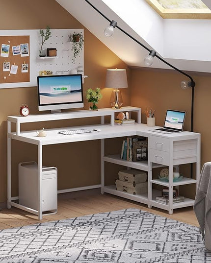 Reversible L-Shaped Computer Desk with hutch & Shelf,white - LeafyLoom