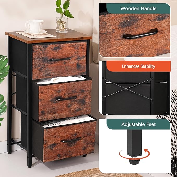 Yoobure Nightstand with 3 Fabric Drawers, Storage Drawers Small Dresser for Bedroom, Night Stands Bedside Tables Closet Drawers Dressers & Chests Organizer Unit Fabric Dresser for Hallway College Dorm - LeafyLoom