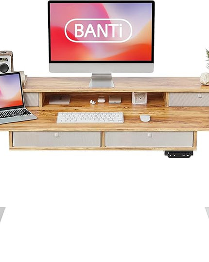 BANTI Height Adjustable Electric Standing Desk with 4 Drawers, 55 x 24 Inch Table with Storage Shelf, Sit Stand Desk, Light Rustic Brown Top - LeafyLoom