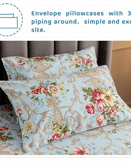 QSH Floral King Size Sheet Sets - Luxury Peony Flower Print Pattern Egyptian Cotton Printed Bedding Sheets 4pcs Extra Soft and Breathable 17.5" Extra Deep Pocket King Size Sheets - LeafyLoom