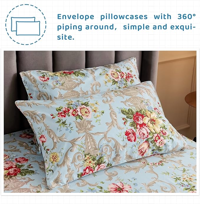 QSH Floral King Size Sheet Sets - Luxury Peony Flower Print Pattern Egyptian Cotton Printed Bedding Sheets 4pcs Extra Soft and Breathable 17.5" Extra Deep Pocket King Size Sheets - LeafyLoom