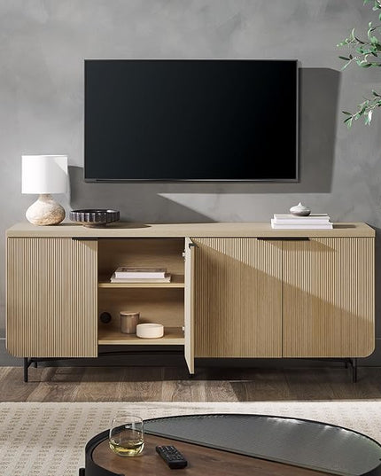 Walker Edison Modern Scandinavian Fluted Door Kitchen Storage Sideboard Buffet Cabinet Console, 69 Inch, Coastal Oak/Black - LeafyLoom