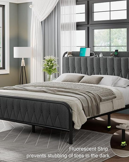 Feonase Queen Bed Frame with Type-C & USB Port, Metal Platform Beds, with Linen Upholstered Headboard & Footboard, 12" Underbed Storage Space, Easy Assembly, Noise-Free, Black Gray - LeafyLoom