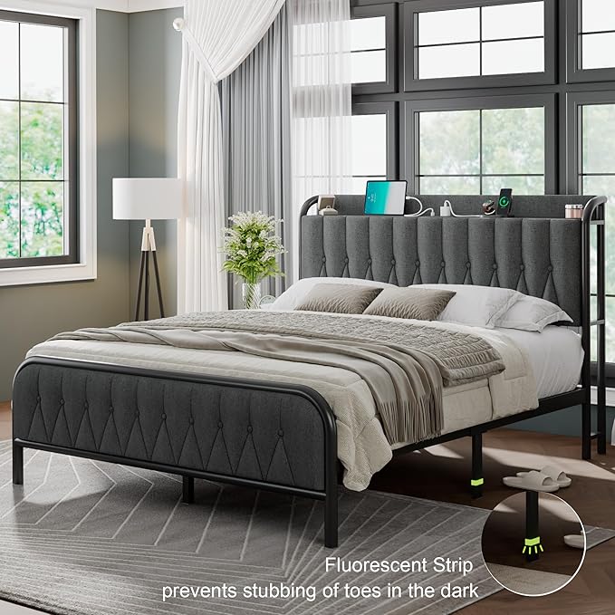 Feonase Queen Bed Frame with Type-C & USB Port, Metal Platform Beds, with Linen Upholstered Headboard & Footboard, 12" Underbed Storage Space, Easy Assembly, Noise-Free, Black Gray - LeafyLoom