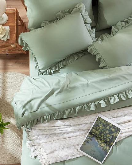 Anluoer Queen Comforter Set 7 Piece, Sage Green Bed in a Bag with Sheets, All Season Ruffle Shabby Chic Bedding Sets with 1 Comforter, 2 Pillow Shams, 2 Pillowcases, 1 Flat Sheet, 1 Fitted Sheet - LeafyLoom