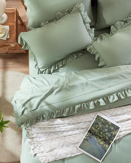 Anluoer Twin Comforter Set 5 Piece, Sage Green Bed in a Bag with Sheets, All Season Ruffle Shabby Chic Bedding Sets with 1 Comforter, 1 Pillow Sham, 1 Pillowcase, 1 Flat Sheet, 1 Fitted Sheet - LeafyLoom