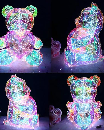 Gorgeous Shining LED Teddy Bear Holding a Pink Heart, Forever Gifts for Her Valentine's Day Anniversary and Birthday 10 inch Mood Lighting Galaxy Lamp - w/Clear Gift Box - LeafyLoom