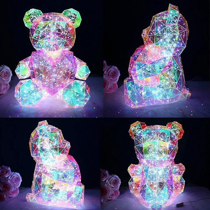 Gorgeous Shining LED Teddy Bear Holding a Pink Heart, Forever Gifts for Her Valentine's Day Anniversary and Birthday 10 inch Mood Lighting Galaxy Lamp - w/Clear Gift Box - LeafyLoom