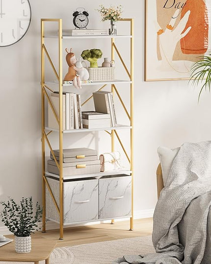 5 Tier Industrial Bookcase Shelf for Bedroom/Living Room/Home Office,Rustic Tall Storage Rack with 2 Drawers,Open Display Standing Shelf Units Shelves for Books and Movies, 22.4 in (Gold,2 Drawers) - LeafyLoom