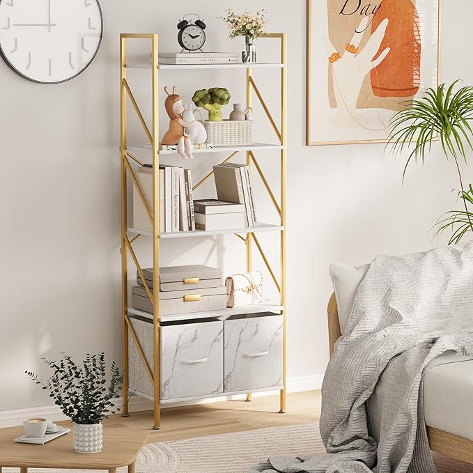 5 Tier Industrial Bookcase Shelf for Bedroom/Living Room/Home Office,Rustic Tall Storage Rack with 2 Drawers,Open Display Standing Shelf Units Shelves for Books and Movies, 22.4 in (Gold,2 Drawers) - LeafyLoom