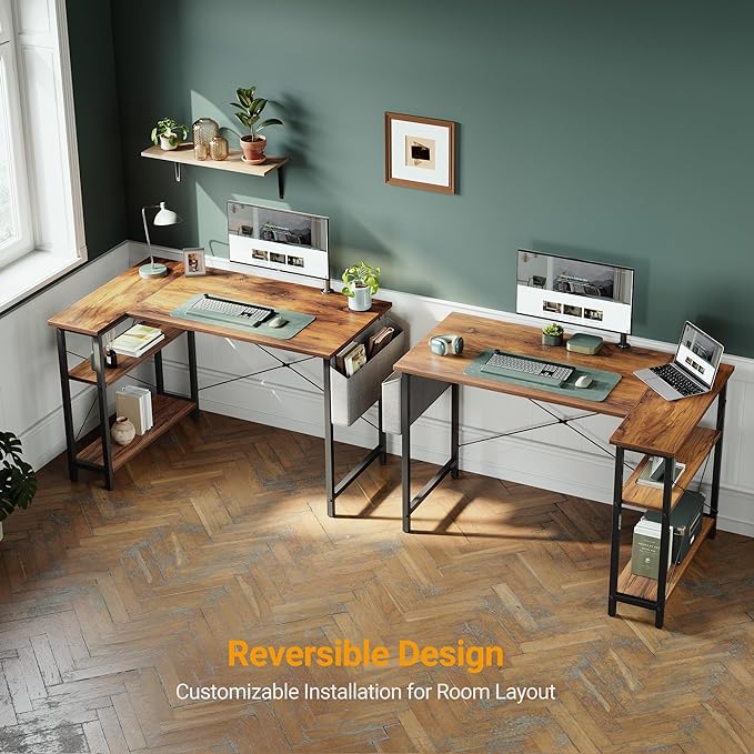 CubiCubi 55 Inch Small L Shaped Computer Desk with Storage Shelves Home Office Corner Desk Study Writing Table, Deep Brown - LeafyLoom