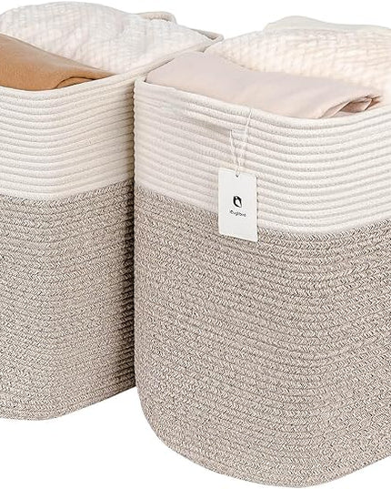 Extra Large Tall Basket Folding Bamboo Rectangle Handle Bins With Handle, Bathroom Dirty Clothes Basket, Bedroom, Toy, Pillows, Closet Organizer White Brown Collapsible Laundry Baskets - LeafyLoom