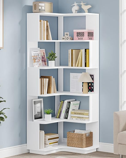 Corner Bookshelf, 64.9 Inch Tall Bookcase with Anti-Drop Panel, Modern Freestanding Corner Shelf Display Rack Storage Organizer for Home Office, Living Room, White - LeafyLoom