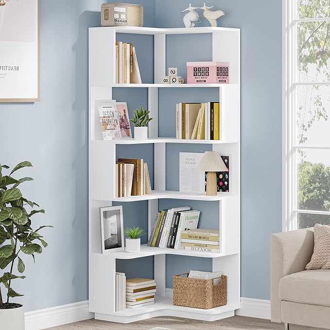 Corner Bookshelf, 64.9 Inch Tall Bookcase with Anti-Drop Panel, Modern Freestanding Corner Shelf Display Rack Storage Organizer for Home Office, Living Room, White - LeafyLoom