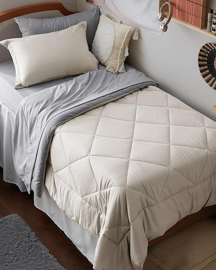 Bedsure Beige Twin XL Comforter Sets - 5 Pieces Reversible Twin XL Bedding Sets, Bed Sets Comforters, Sheets, Pillowcase & Sham, Grey XL Twin Bed in a Bag for College - LeafyLoom