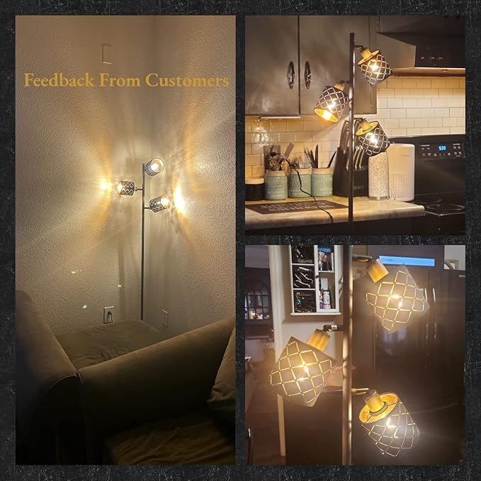 Industrial Floor Lamps for Living Room, Tree Standing Lamp for Bedroom with Adjustable 3-Light, 4W E12 LED Bulb, Modern Stand Up Lamps, Metal Tall Rustic Pole Lamp, Vintage Farmhouse Floor Lamp, Black - LeafyLoom