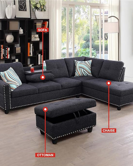 ROOMTEC Modern L Shaped Sectional Sofa with Storage Ottoman, Right Facing Chaise Longue, Reversible Backrest w/ 2 Cup Holders, Linen Tufted Cushions, for Living Room, Apartment, Black Grey - LeafyLoom