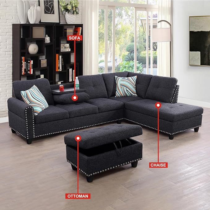 ROOMTEC Modern L Shaped Sectional Sofa with Storage Ottoman, Right Facing Chaise Longue, Reversible Backrest w/ 2 Cup Holders, Linen Tufted Cushions, for Living Room, Apartment, Black Grey - LeafyLoom