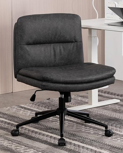 Armless Office Chair with Wheels Wide Desk Chair Leather Mid Back Accent Chair Padded Swivel Vanity Chair for Girl Women Computer Task Chair for Home Office (Leather, Dark Gray/Gray) - LeafyLoom