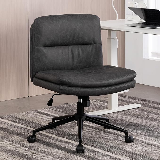 Armless Office Chair with Wheels Wide Desk Chair Leather Mid Back Accent Chair Padded Swivel Vanity Chair for Girl Women Computer Task Chair for Home Office (Leather, Dark Gray/Gray) - LeafyLoom