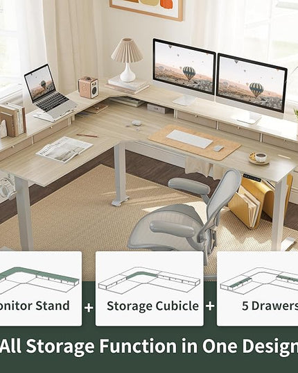 FEZIBO 75 Inches Triple Motor L Shaped Standing Desk Reversible, Electric Height Adjustable Corner Stand up Desk, Sit Stand Desk Computer Workstation, White Frame/Light Walnut Top - LeafyLoom