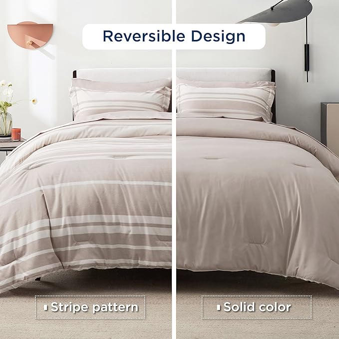 Bedsure Bed in a Bag Twin Size 5 Pieces, Light Camel White Striped Bedding Comforter Sets All Season Bed Set with 1 Pillow Sham, Flat Sheet, Fitted Sheet and 1 Pillowcase - LeafyLoom