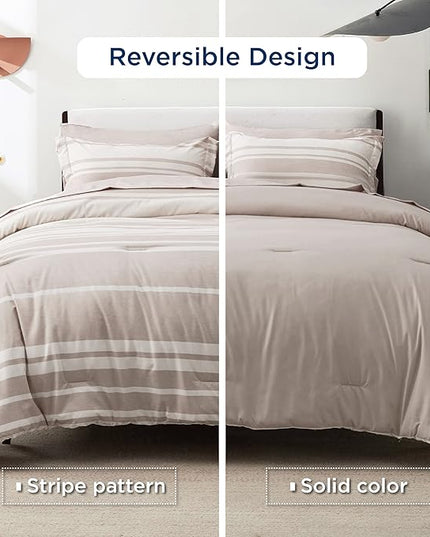 Bedsure Bed in a Bag California King Size 7 Pieces, Light Camel White Striped Bedding Comforter Sets All Season Bed Set, 2 Pillow Shams, Flat Sheet, Fitted Sheet and 2 Pillowcases - LeafyLoom