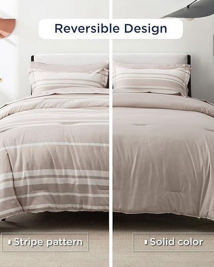 Bedsure Bed in a Bag King Size 7 Pieces, Light Camel White Striped Bedding Comforter Sets All Season Bed Set, 2 Pillow Shams, Flat Sheet, Fitted Sheet and 2 Pillowcases - LeafyLoom
